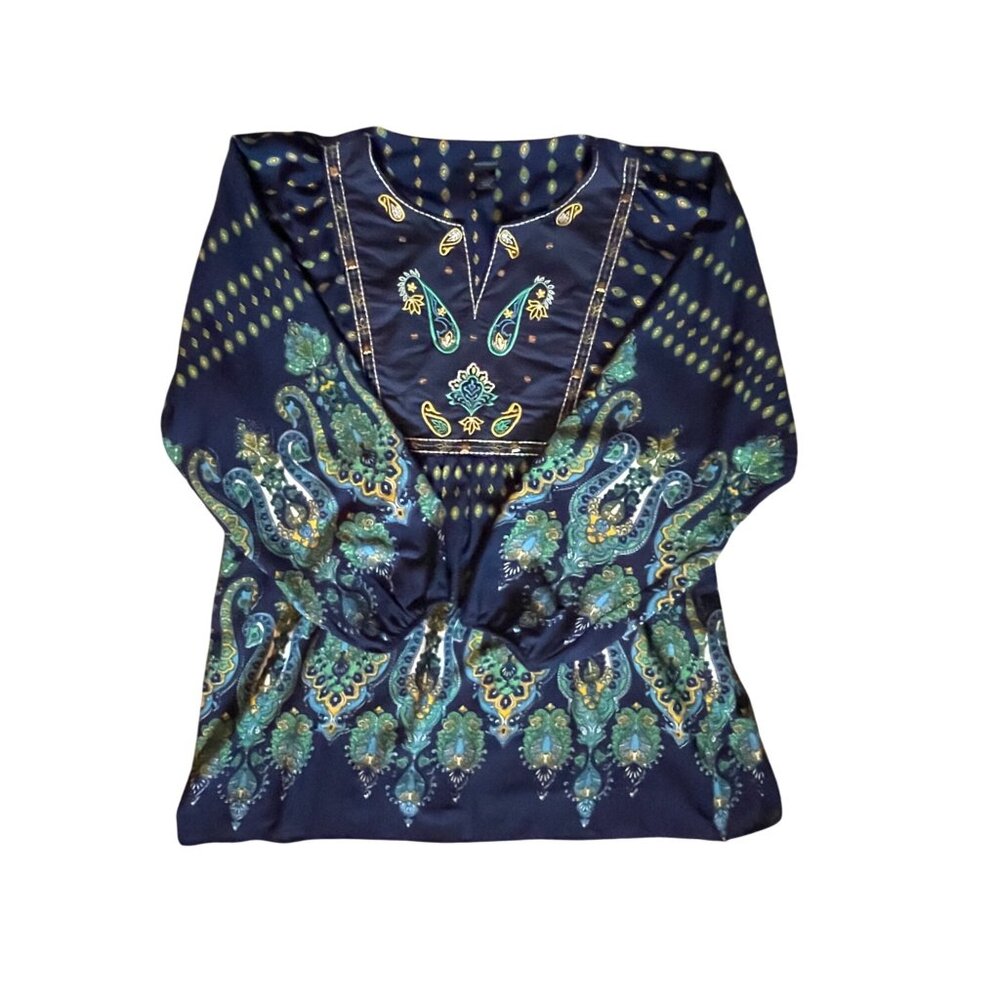 Westbound Womens XL Boho Embroidered V-Neck Pullover Blouse  Navy/Green Sequins - Picture 14 of 15